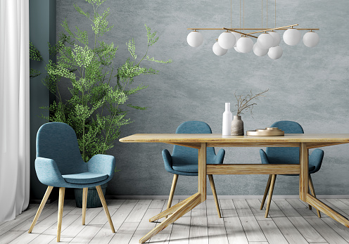 Interior design of modern dining room, wooden table and blue chairs against stucco wall. Home design. 3d rendering