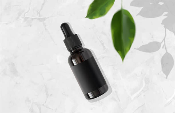 istock Serum bottle with pipette and defocused leaves on luxury marble background 3d realistic vector illustration, top view 1324168920