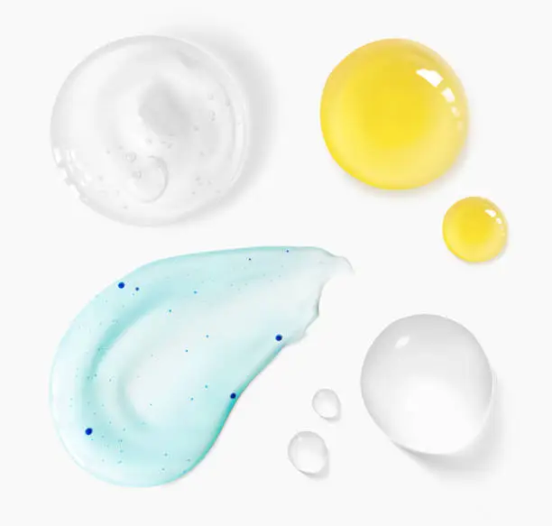 Vector illustration of Scrub, cosmetic oil, clear aloe vera gel and transparent moisturizer serum drops 3d realistic vector illustration. Pure cosmetic beauty product isolated on white background