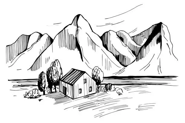 Vector illustration of Landscape with house and mountains. Sketch  illustration.
