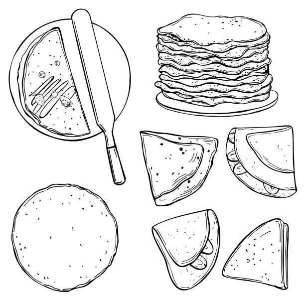 Crepes, thin pancakes. Sketch  illustration. Hand drawn crepes, thin pancakes. Vector sketch  illustration. crepe stock illustrations
