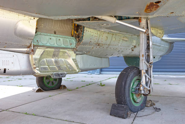 istock Old black flat wheel of an fighter jet, selective focus 1324170694