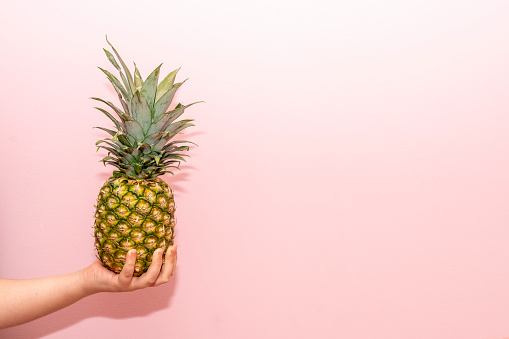 Close up photo of a young man holding fresh, ripe pineapple fruit in his hand isolated on a pink wall background in the studio. Appropriate healthy nutrition, vitamin concept. Trial copy space
