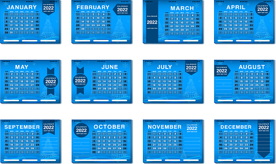 calendar of the year 2022, happy new year, the months of the new year, with blue color design