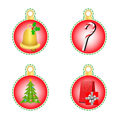 christmas sticker collection, bell icons, gifts, christmas tree