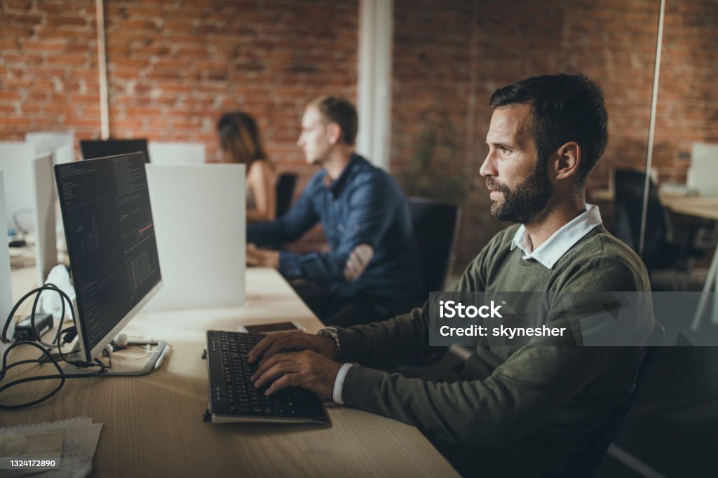 Working Environment For Computer Programer Serious Programmer Working On A New Software On Desktop Pc In The ...