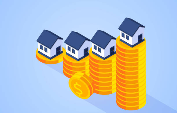 ilustrações de stock, clip art, desenhos animados e ícones de increasing house prices, houses on isometric piles of gold coins - investment variation development growth