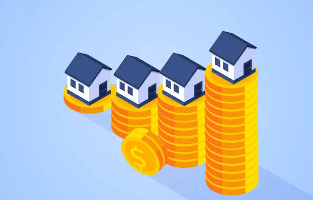 Vector illustration of Increasing house prices, houses on isometric piles of gold coins