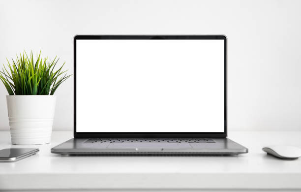 istock Laptop with a blank screen on white wooden table with mouse, smartphone and grass flower 1324174077