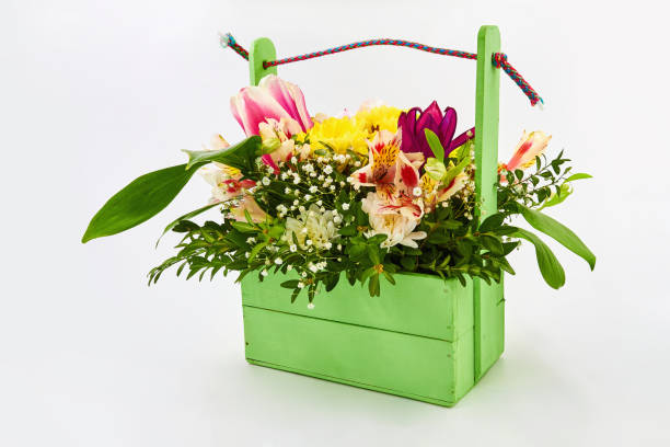 istock Multi-colored flowers in a green wooden basket on a white background 1324176499