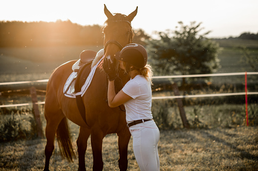 Beautiful blonde woman looking at the camera and standing with her white horse in the middle of a yellow flowering spring meadow in Mallorca. Part of a series.