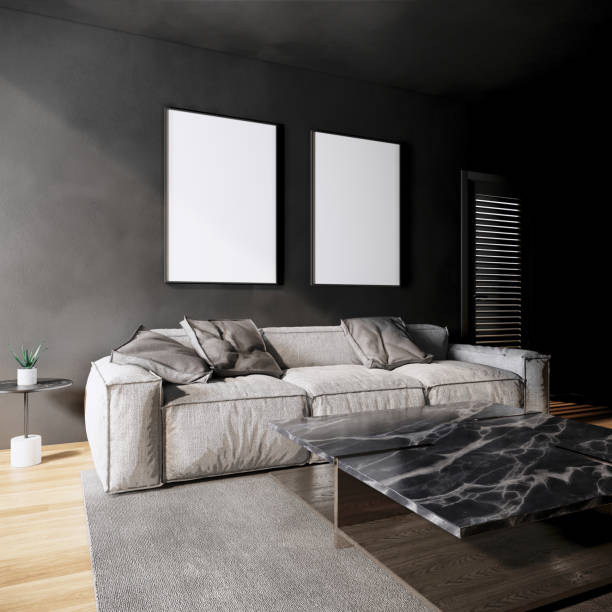 istock interior design of modern room. blank picture frame mock up and sofa on black wall, 3d rendering background 1324177425