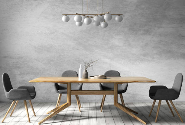 istock Interior design of modern dining room, wooden table and black chairs 3d rendering 1324177438