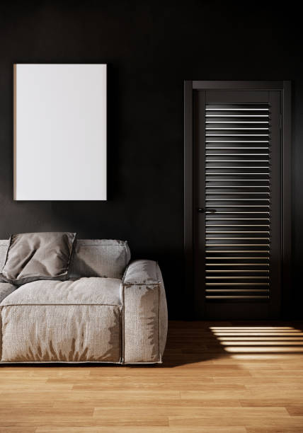 istock Modern room interior design. blank picture frame mock up and sofa on black wall, 3d rendering vertical background 1324177439