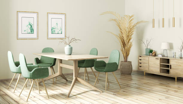 istock Interior design of modern dining room, wooden table and gree chairs 3d rendering 1324177486
