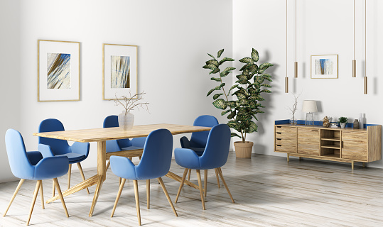 Interior design of modern dining room, wooden table and blue chairs, scandinavian home 3d rendering