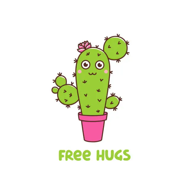 Vector illustration of Cute cactus character with a flower in a pot with hearts. Text: Free hugs.