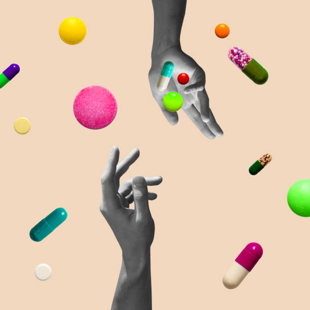 pastel background. the abstract hand and falling tablets and pills. artwork or creative collage with isolated elements. - vitamin capsule fotos imagens e fotografias de stock