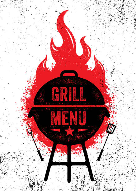 outdoor grill bbq restauracja menu vector cover. element projektowania żywności mięsistej na szorstkim tle. ilustracja ognia na grunge'u - barbecue stock illustrations