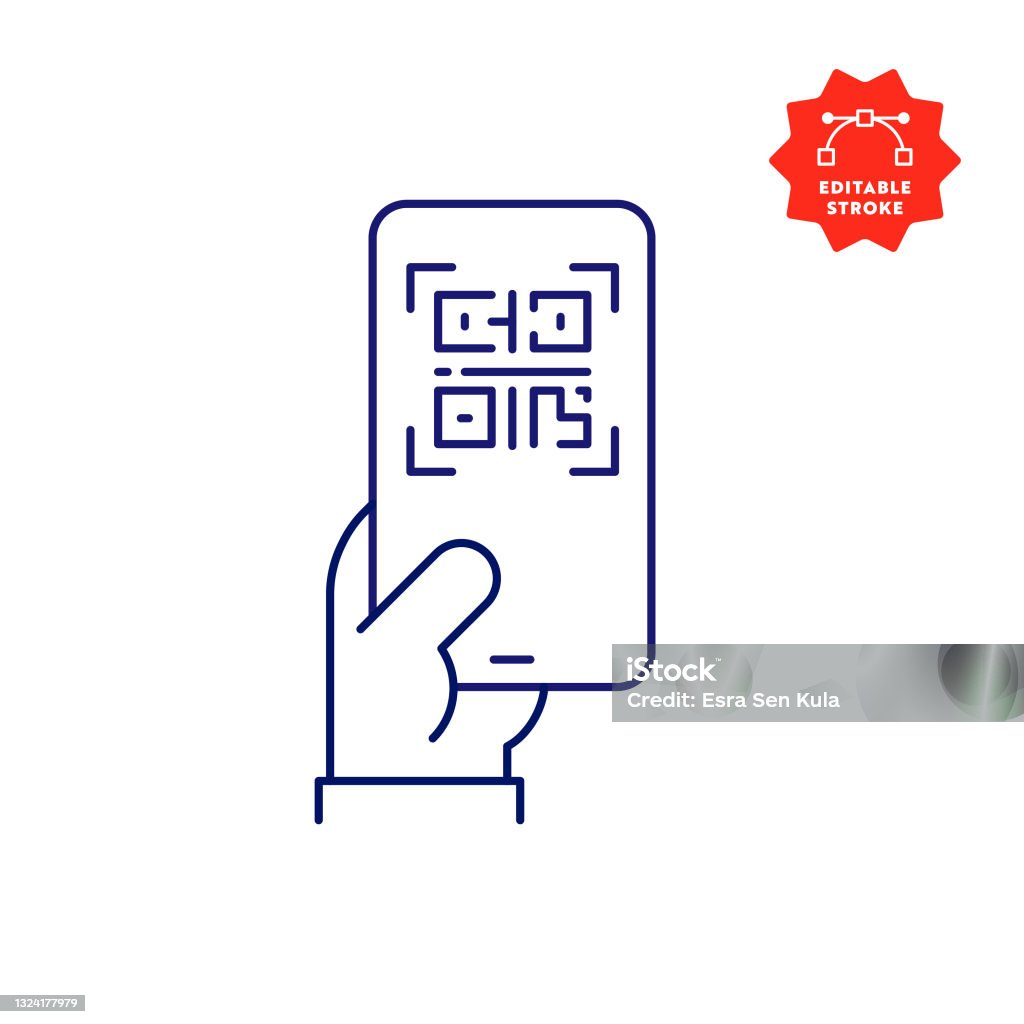 편집 가능한 스트로크와 휴대 전화 화면 라인 아이콘에 디지털 백신 여권 - 로열티 프리 QR코드 벡터 아트