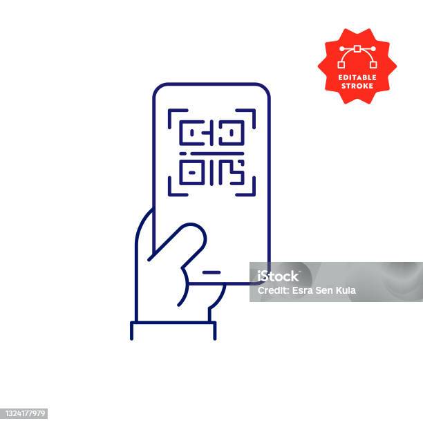 편집 가능한 스트로크와 휴대 전화 화면 라인 아이콘에 디지털 백신 여권 QR코드에 대한 스톡 벡터 아트 및 기타 이미지 - QR코드, 아이콘, 바코드 스캐너