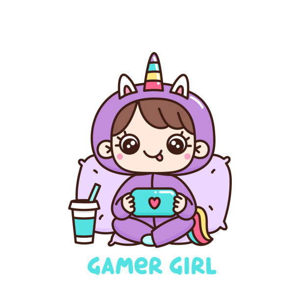 ilustrações, clipart, desenhos animados e ícones de garota bonita de pijama de unicórnio com console ou telefone jogando videogame. - kawaii