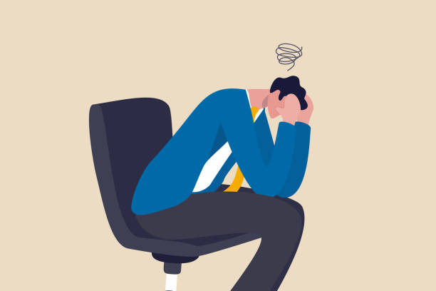 ilustrações de stock, clip art, desenhos animados e ícones de regret on business mistake, frustration or depressed, stupidity or foolish losing all money, stressed and anxiety on failure concept, frustrated businessman holding his head sitting alone on the chair - ansiedade financeira