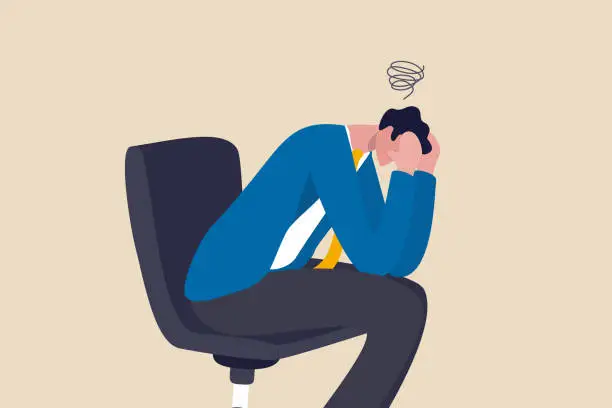 Vector illustration of Regret on business mistake, frustration or depressed, stupidity or foolish losing all money, stressed and anxiety on failure concept, frustrated businessman holding his head sitting alone on the chair
