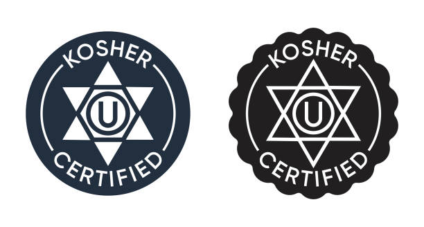 Kosher Certified label for recommended foods Kosher Certified label for jewish people recommended food products. Flat vector stamp in 2 options kosher symbol stock illustrations