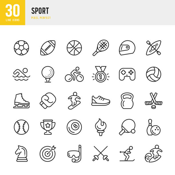 스포츠 - 얇은 선 벡터 아이콘 세트. 픽셀 완벽. 이 세트에는 축구, 복싱, 농구, 골프, 수영, 미식 축구, 테니스, 아이스 하키 의 아이콘이 포함되어 있습니다. - sport stock illustrations