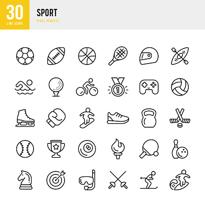 SPORT - thin line vector icon set. 30 linear icon. Pixel perfect. The set contains icons: Soccer, Boxing, Basketball, Golf, Swimming, American Football, Tennis, Ice Hockey, Volleyball, Fencing, Kayaking, Ski, Bowling, Chess, Surfing, Underwater Diving.