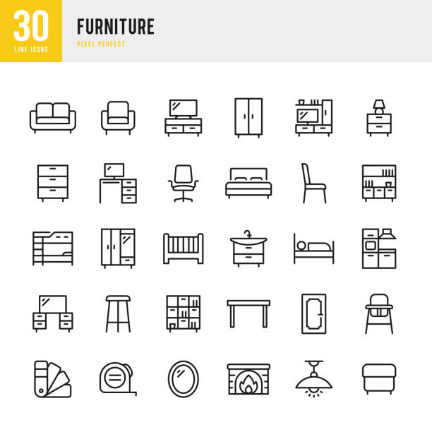 FURNITURE - thin line vector icon set. Pixel perfect. The set contains icons: Furniture, Dining Table, Armchair, Bed, Sofa, Mirror, Desk, Office Chair, Crib. FURNITURE - thin line vector icon set. 30 linear icon. Pixel perfect. The set contains icons: Furniture, Dining Table, Armchair, Bed, Sofa, Lamp, Mirror, Desk, Office Chair, Crib. bedroom stock illustrations