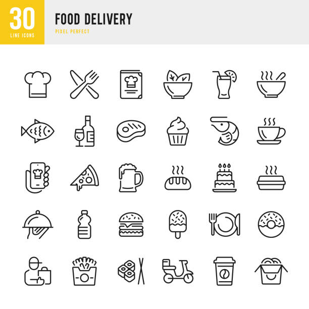 Food Delivery - dünnes Vektor-Symbol-Set. 30 lineares Symbol. Pixel perfekt. Das Set enthält Symbole: Essenslieferung, Zusteller, Pizza, Burger, Brot, Meeresfrüchte, Vegetarisches Essen, Wok, Asiatisches Essen, Steak, Dessert.