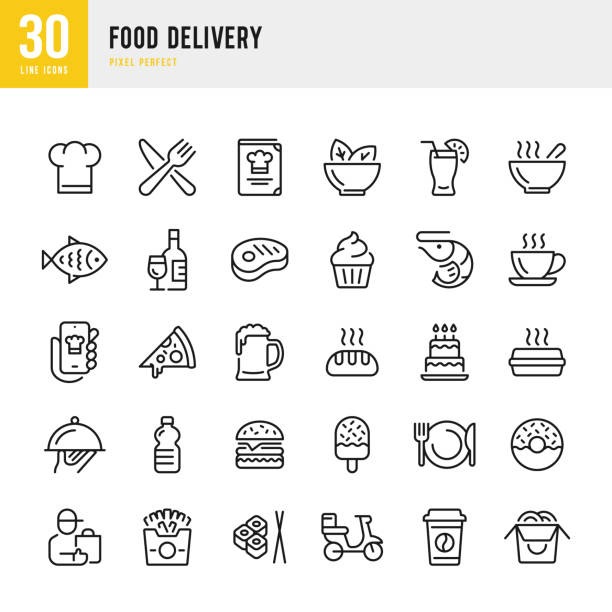 bildbanksillustrationer, clip art samt tecknat material och ikoner med food delivery - thin line vector icon set. pixel perfect. the set contains icons: food delivery, pizza, burger, bread, seafood, vegetarian food, asian food, steak, dessert. - matleverans