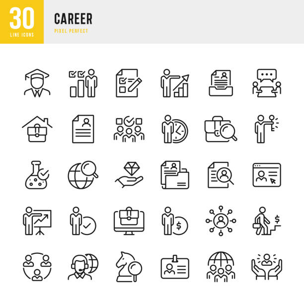 career - тонкая линия вектор значок набора. пиксель совершенен. набор содержит значки: карьера, личный рост, навыки, командная работа, анкета, со - interview stock illustrations