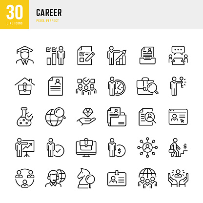 CAREER - thin line vector icon set. 30 linear icon. Pixel perfect. The set contains icons: Career, Personal Growth, Skill, Teamwork, Job Search, Questionnaire, Job Interview.