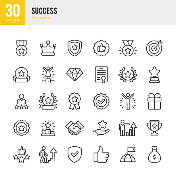 success - тонкая линия вектор значок набора. пиксель совершенен. набор содержит иконы: наг�рада, трофей, медаль, корона, подиум победителей, поздр - badge stock illustrations