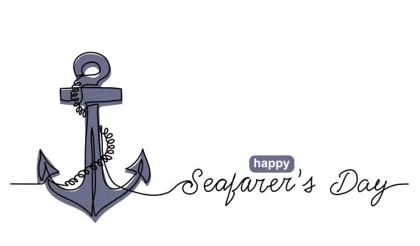 Vector illustration of Anchor with rope simple vector banner, poster, background. One continuous line drawing of sea sign anchor and text happy Seafarers day