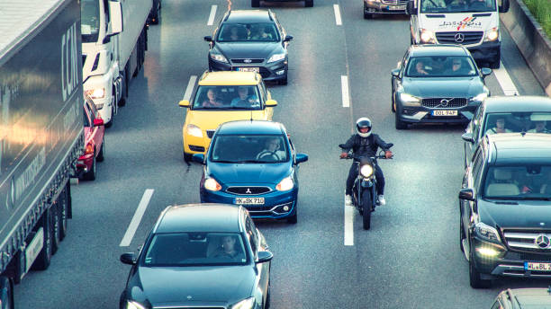 Hamburg, Germany - June 17. 2021: Traffic jam on the motorway in Hamburg, Germany. Construction sites on the motorway impede traffic flow.