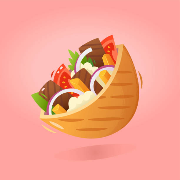 Greek gyros wrapped in pita breads on a pink background. Greek gyros wrapped in pita breads on a pink background. Isolated vector image greek pita stock illustrations