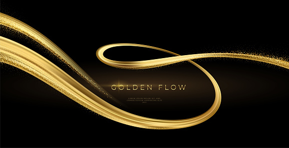 Golden swirl on black background. Abstract shiny color gold wave design element. Vector illustration EPS10