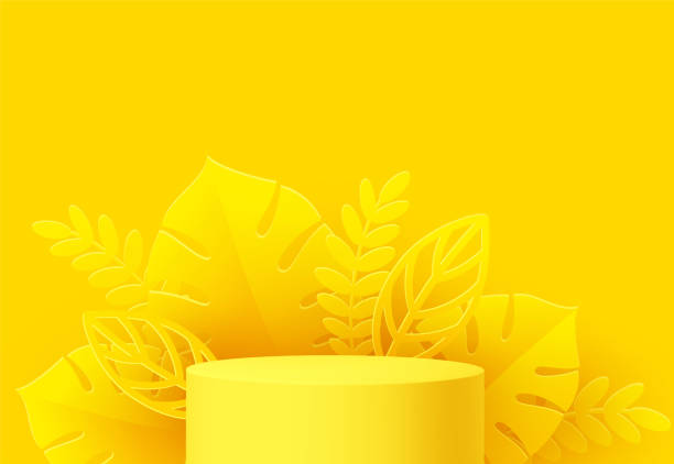 istock Yellow Product podium with paper cut monstera leaf on yellow background. Modern mockup template for advertising. Vector illustration 1324183794