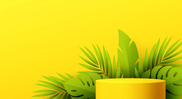 istock Yellow Product podium with paper cut monstera leaf on yellow background. Modern mockup template for advertising. Vector illustration 1324183834