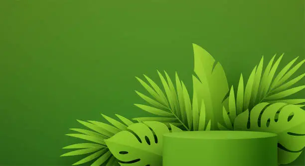 Vector illustration of Product podium with green paper cut tropical monstera and palm leaf on green background. Modern mockup template for advertising. Vector illustration