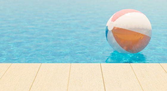 close up of pool edge for product display with beach ball and water out of focus. 3d render