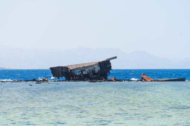 sunken ship wreck on the reef, egypt, red sea. - iron sheik stockfoto's en -beelden