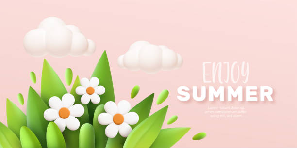 istock Enjoy Summer 3d realistic background with clouds, daisies, grass and leaves on a pink background. Vector illustration 1324184650