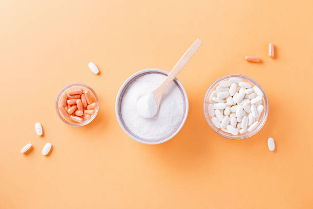 istock Different types of collagen for skin care flat lay on bright background, copy space 1324184968