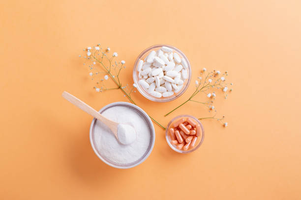 istock Different types of collagen for skin care flat lay on bright background, copy space 1324184983