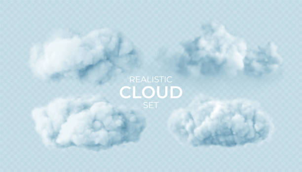 stockillustraties, clipart, cartoons en iconen met realistic white fluffy clouds set isolated on transparent background. cloud sky background for your design. vector illustration - wolk